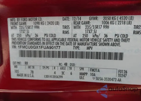 2015 Ford Escape Se из США, поврежденный, VIN 1FMCU0GX1FUA90177